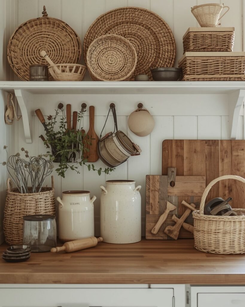 Baskets, crocks, and wooden accents add warmth and timeless texture to a grandmacore kitchen