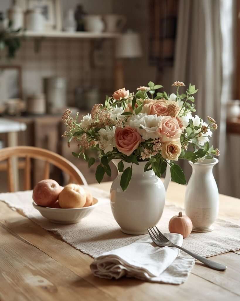 Grandmacore kitchen centerpiece with flowers, fruit, and cozy vintage table styling