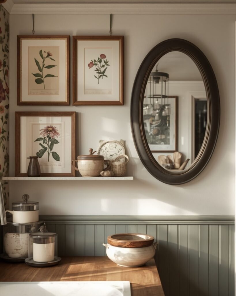 Grandmacore kitchen wall with vintage prints, mirror, and nostalgic cottage decor