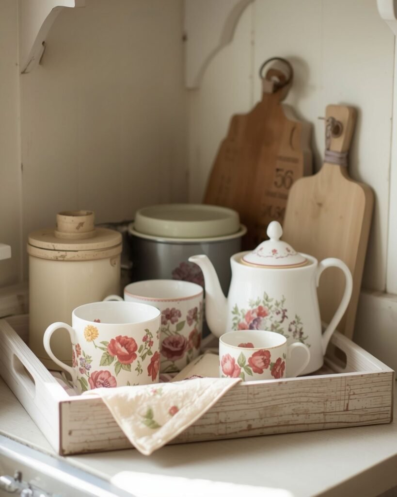 Grandmacore kitchen tea corner with floral mugs, teapot, and cozy vintage details