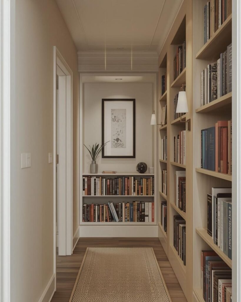 Modern apartment hallway with slim bookshelves, warm wood tones, soft wall color, and cozy mini library styling
