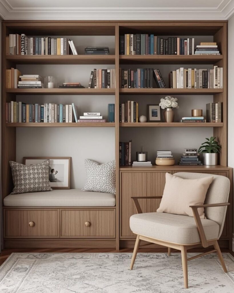 Modern small home library with open shelves, hidden storage, cozy chair, and warm apartment styling