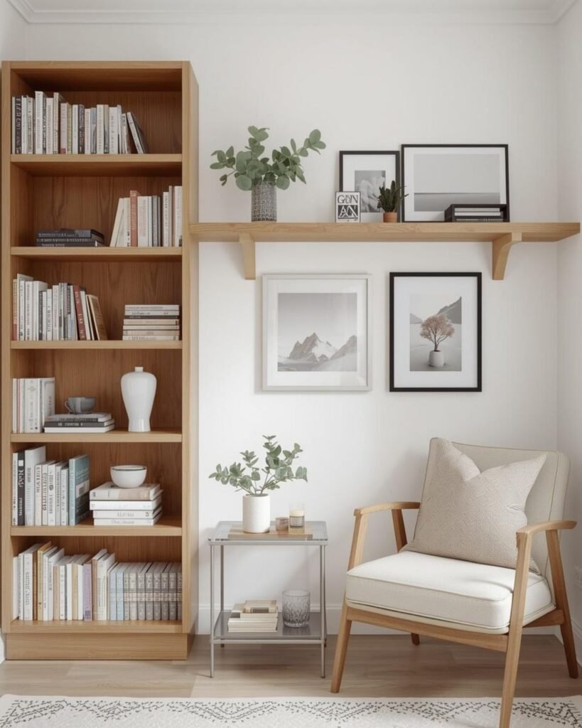Small apartment home library with a tall narrow bookcase, smaller accent shelf, warm wood tones, and side table with shelves
