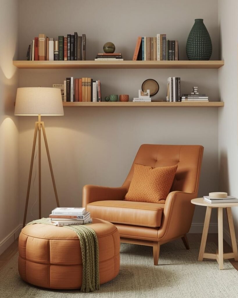 Modern small home library with orange lounge chair, orange and green ottoman, light wood shelves, side table with drawers, and warm floor lamp
