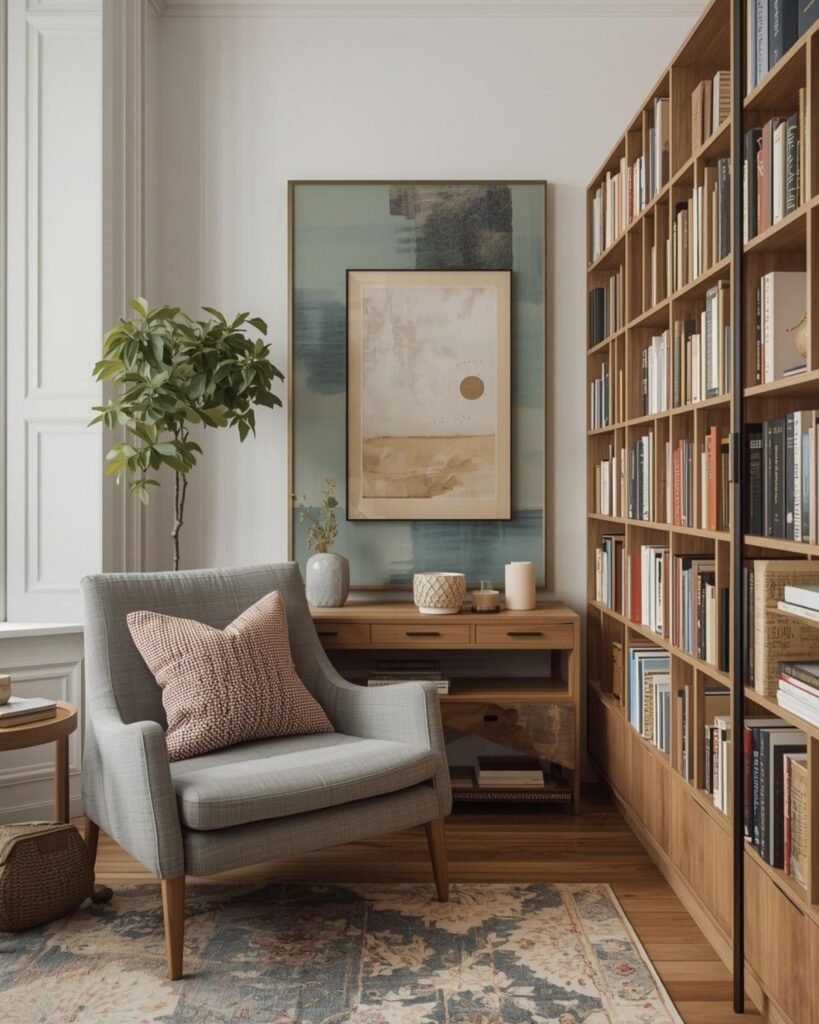 Modern small home library with cozy chair, colorful accents, personal decor, and neatly styled books