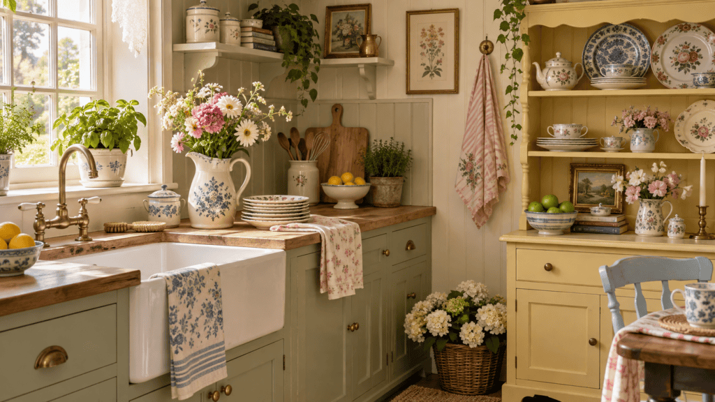 Grandmacore kitchen ideas with soft warm colors, floral dishes, and cozy vintage decor