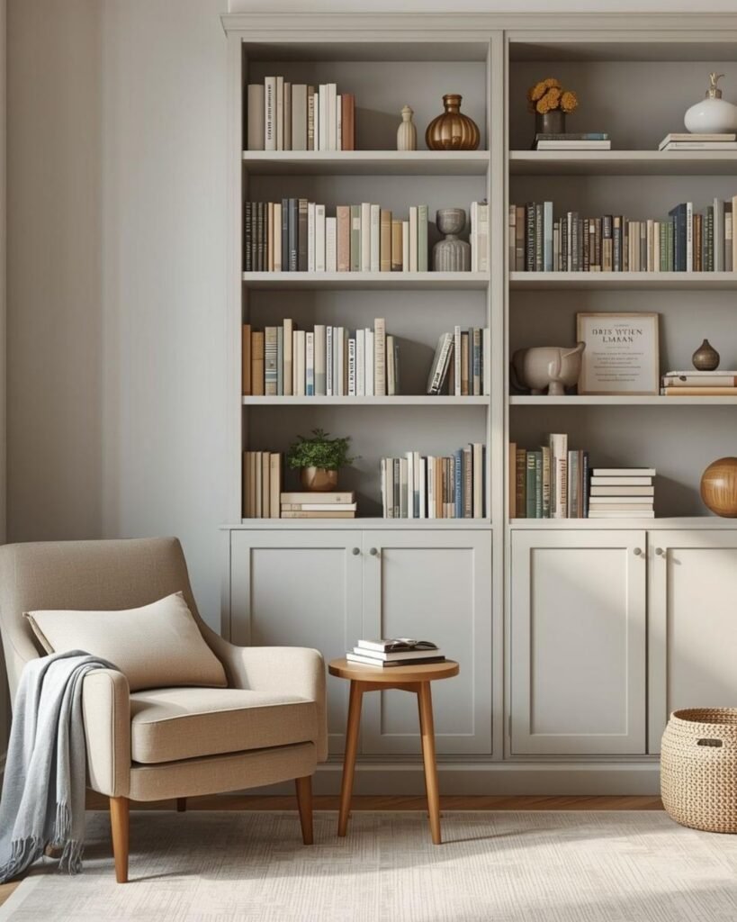 Modern small home library with soft wall color, warm wood tones, calm decor, and neatly styled books