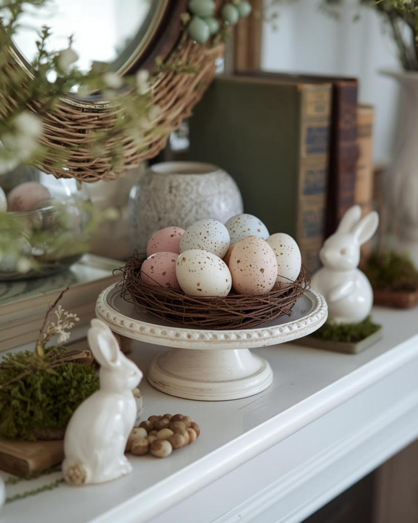 Vintage Easter mantel with soft pastel eggs, moss accents, bunnies, and old books