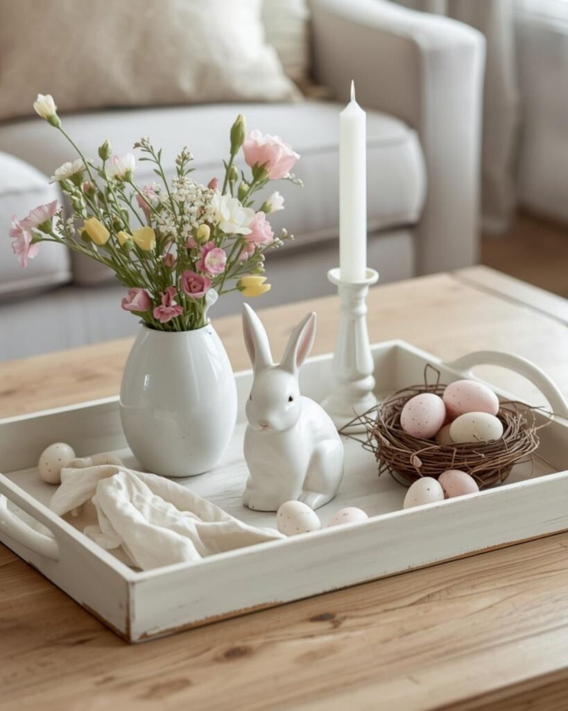 Soft pastel vintage Easter tray with bunny centerpiece, flowers, candle, and speckled eggs