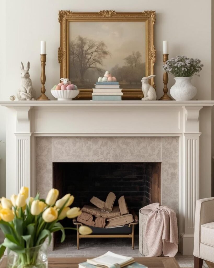 Vintage Easter mantel decorated in soft spring colors with pastel eggs, tulips, and cozy cottage decor