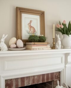 Vintage Easter mantel decor with bunnies, pastel eggs, tulips, and old books in a cozy spring living room