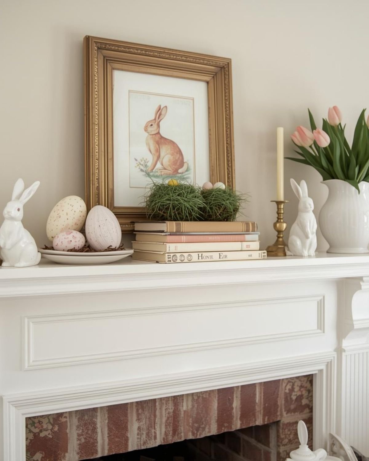Vintage Easter mantel decor with bunnies, pastel eggs, tulips, and old books in a cozy spring living room