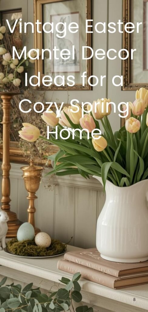 Vintage Easter mantel with bunnies, tulips, pastel eggs, candles, and cozy spring decor