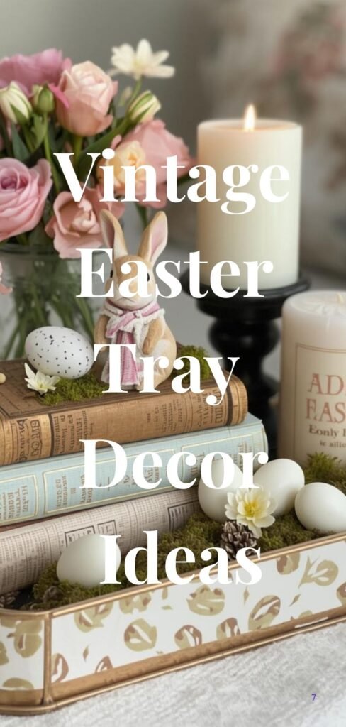 Vintage Easter tray with books, bunny, flowers, candle, and eggs styled for spring