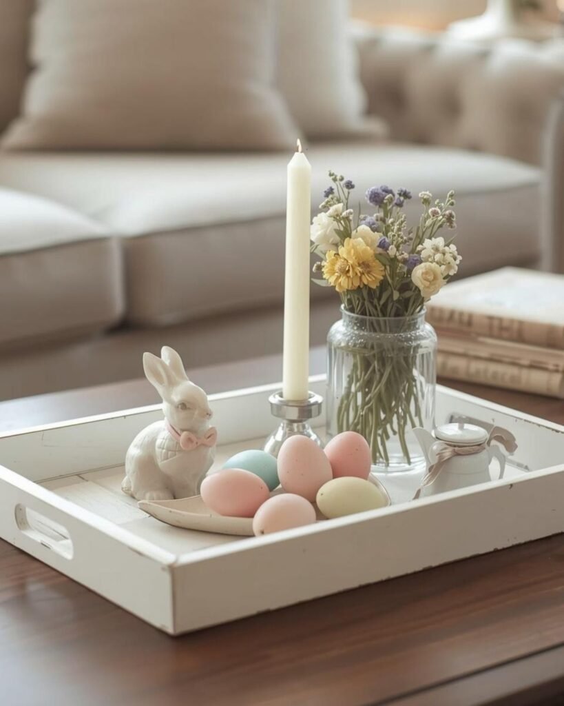 Vintage Easter tray with bunny, pastel eggs, flowers, and candle on a cozy spring coffee table