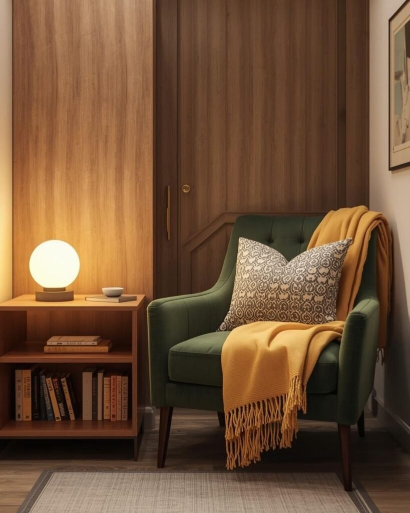 Modern small home library corner with green chair, table lamp, side table with books, and warm cozy styling
