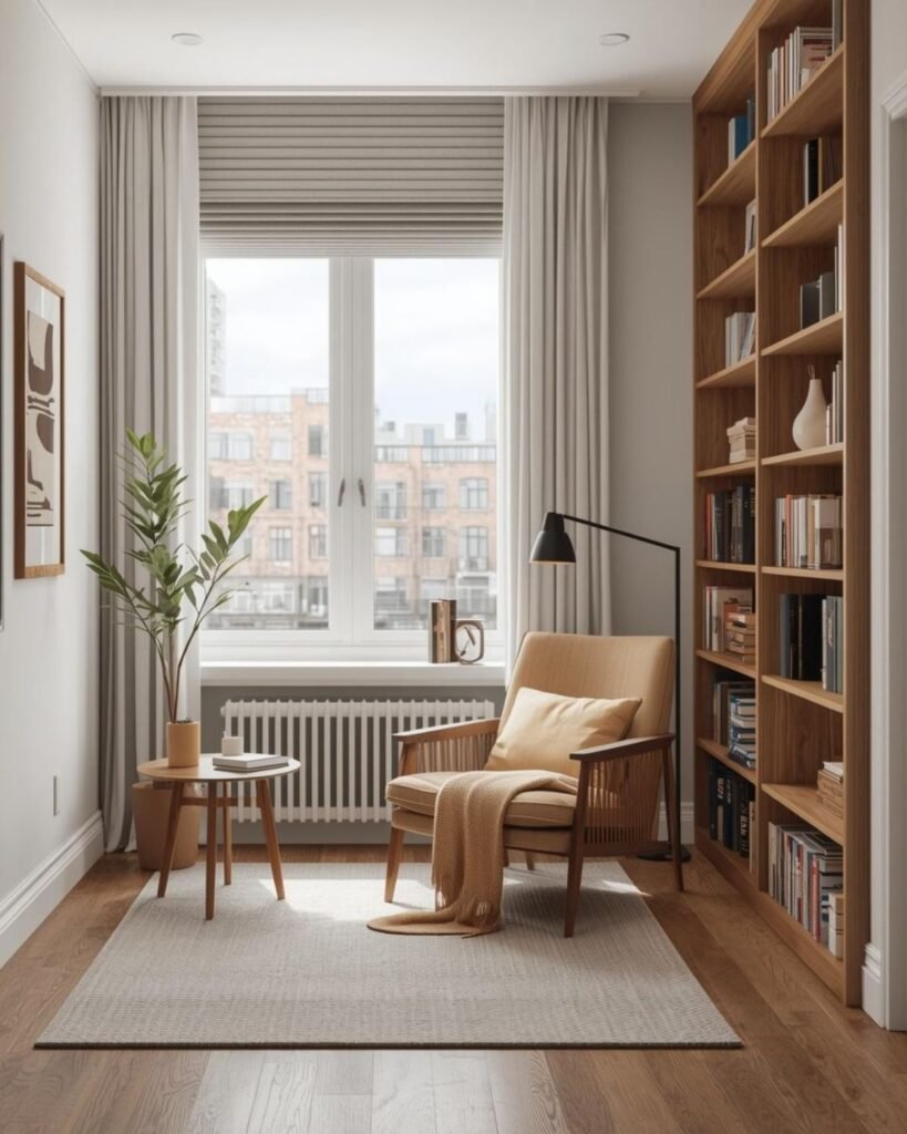 Modern small home library by a window with cozy chair, natural light, and warm wood accents