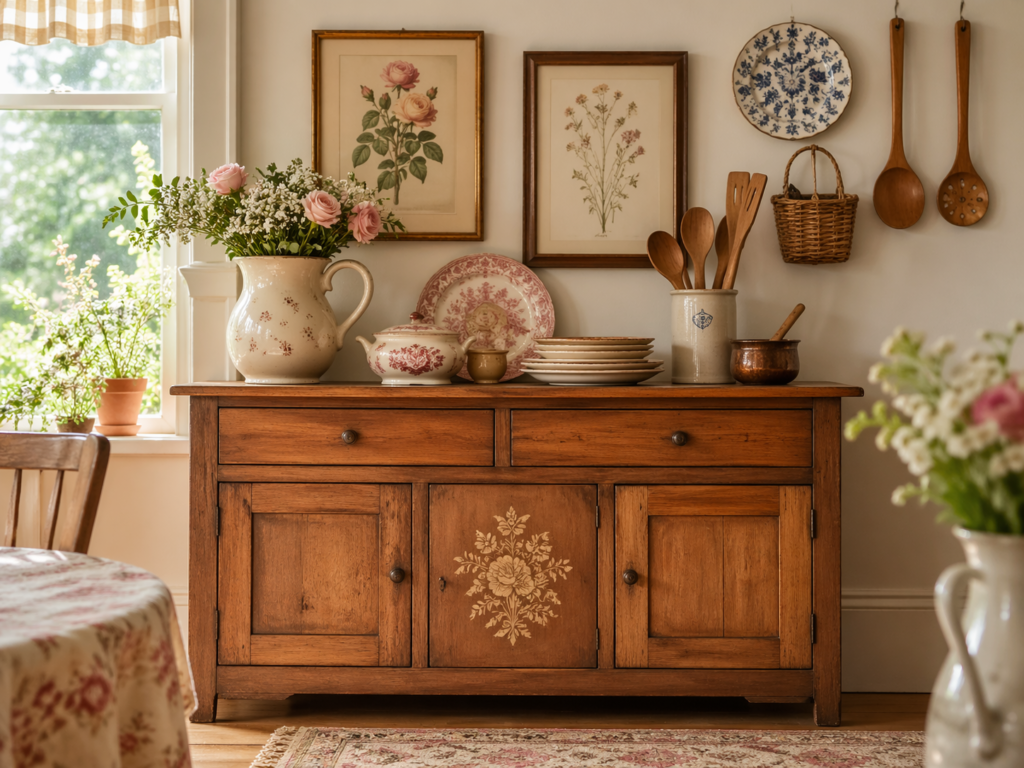 Kitchen wall decor ideas with framed floral art, hanging utensils, a wicker basket, vintage dishes, and a medium-tone wood cupboard with a floral stencil.