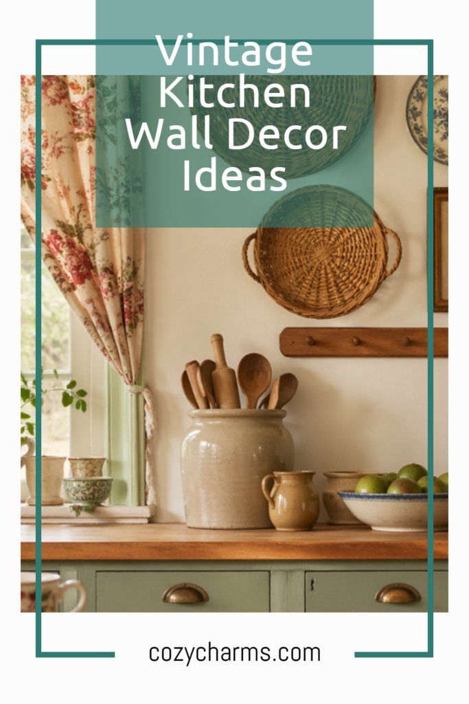 a wood countertop next to crock with wooden utensils Peg board and basket. All next to lovely floral curtains