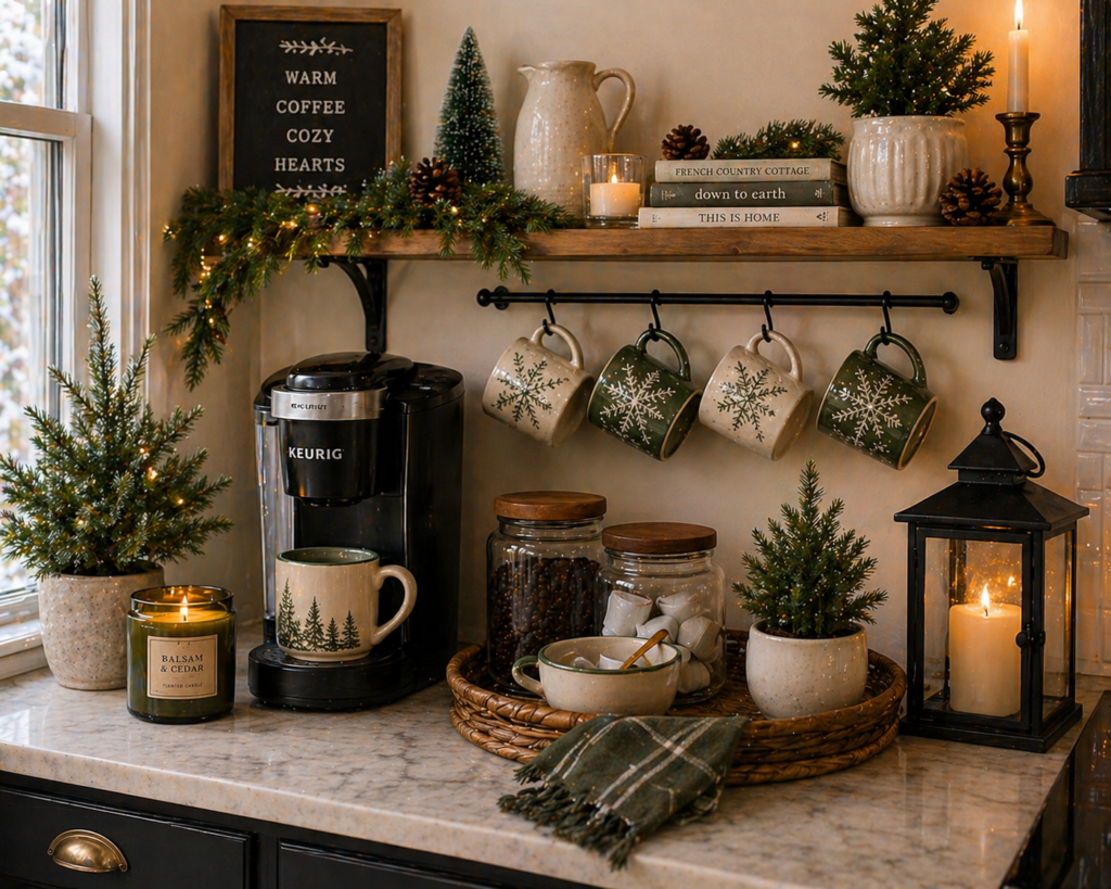 countertop with miniature Christmas tree for the season