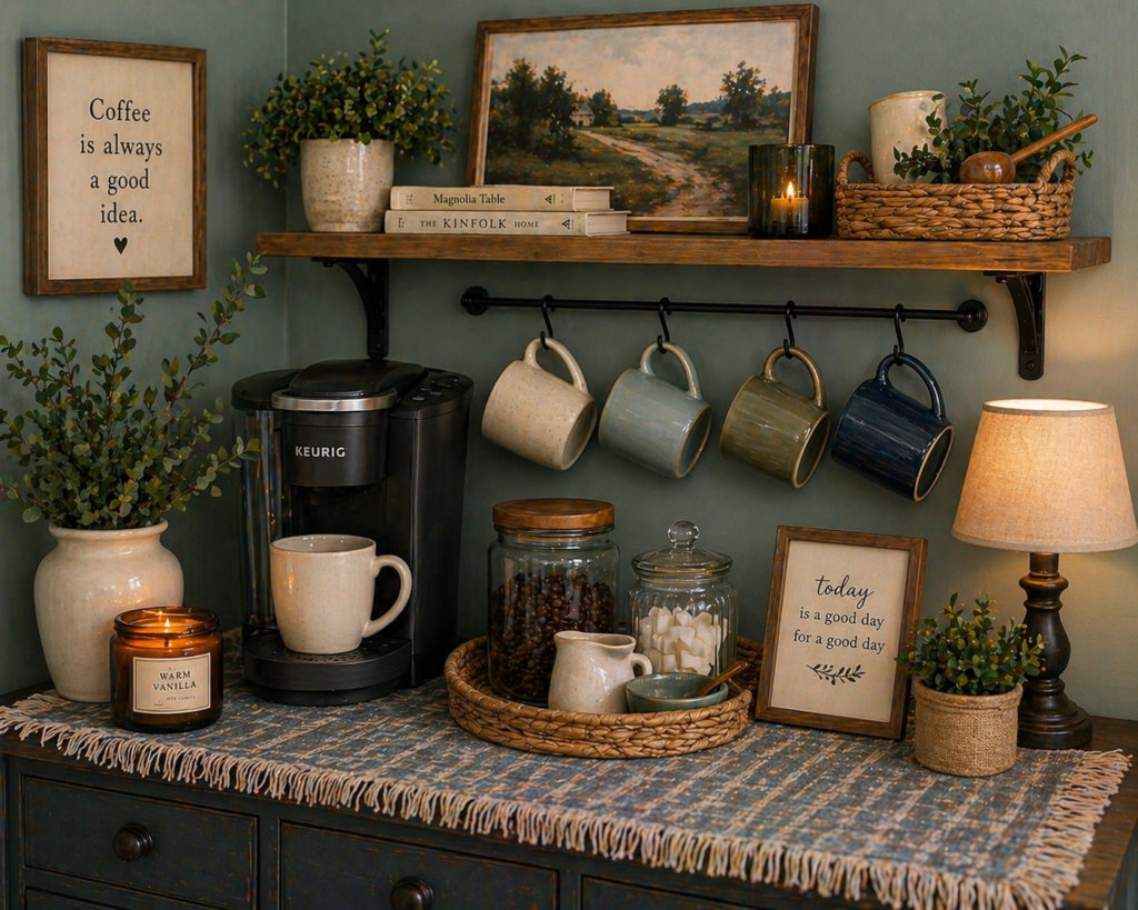 Cozy coffee bar with blue walls, hanging mugs, compact coffee maker, glass jars, and warm lamp light