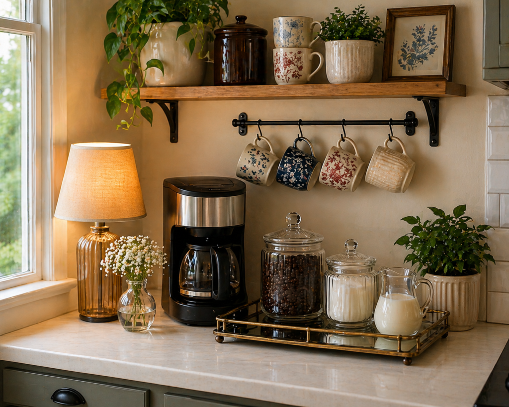 hanging patterned mugs, compact coffee maker, glass jars, and warm lamp lighting