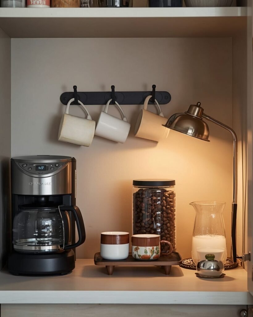 Cozy coffee bar with hanging mismatched mugs, compact coffee maker, glass jars, and warm light in a small space