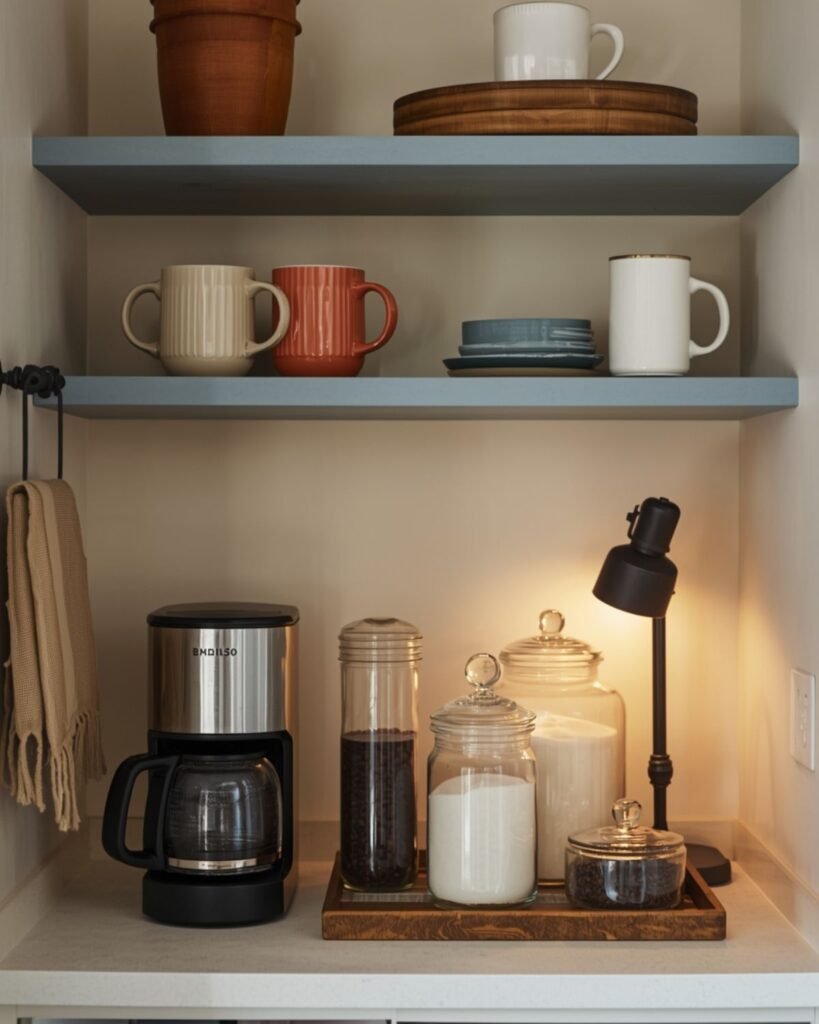 Small cozy coffee bar tucked into a kitchen corner with mugs, glass jars, and warm lighting