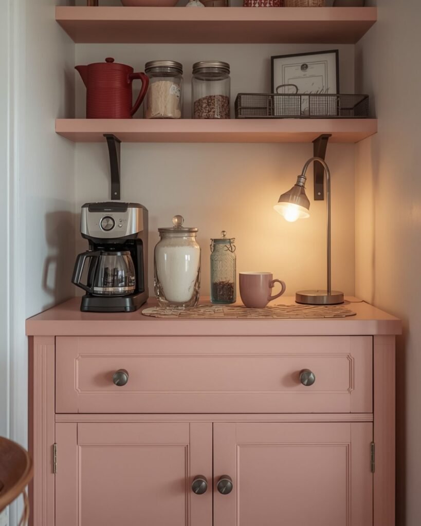 Cozy coffee bar on a small cabinet with a compact coffee maker, mismatched mugs, glass jars, and warm lighting