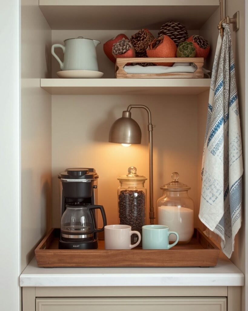 Cozy coffee bar with warm lamp light, compact coffee maker, mugs, glass jars, and a glass tray in a small kitchen nook