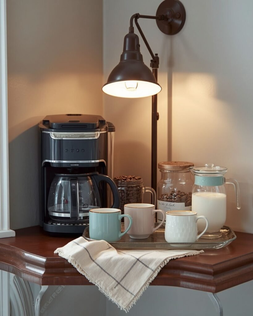 Cozy small-space coffee bar with a decorative tea towel, compact coffee maker, mismatched mugs, and glass jars
