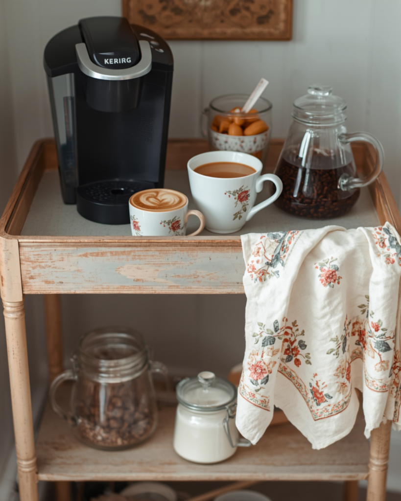 Cozy rolling coffee cart setup with mugs, glass jars, and a small carafe for cream in a warm small space
