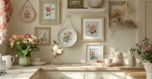 Cottage kitchen wall decor with floral art, plates, and vintage charm