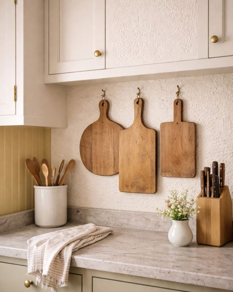 Wooden cutting boards hanging on a stucco cottage kitchen wall
