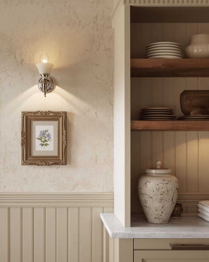 Wall sconce lighting above art in cozy cottage kitchen wall decor