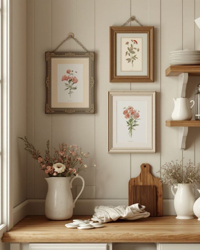 Framed floral prints in a cozy cottage kitchen wall decor arrangement