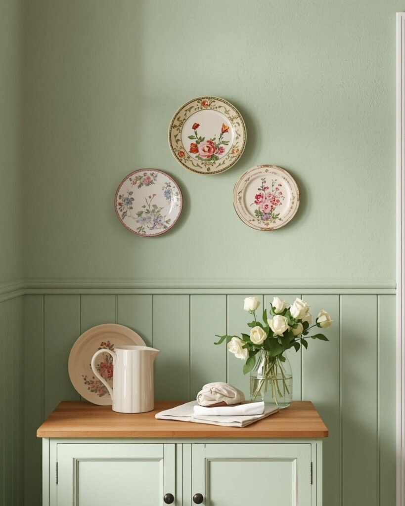 Decorative plate wall on a sage green cottage kitchen wall