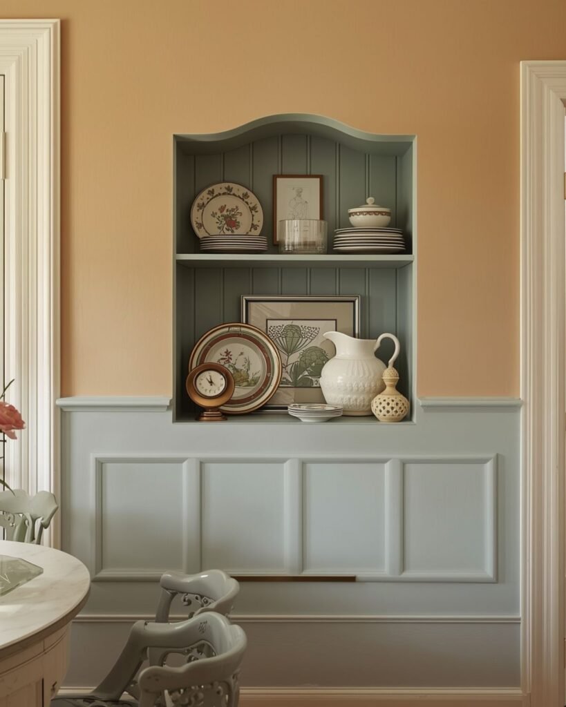 Cottage kitchen wall shelf styled against cream and dusty blue walls