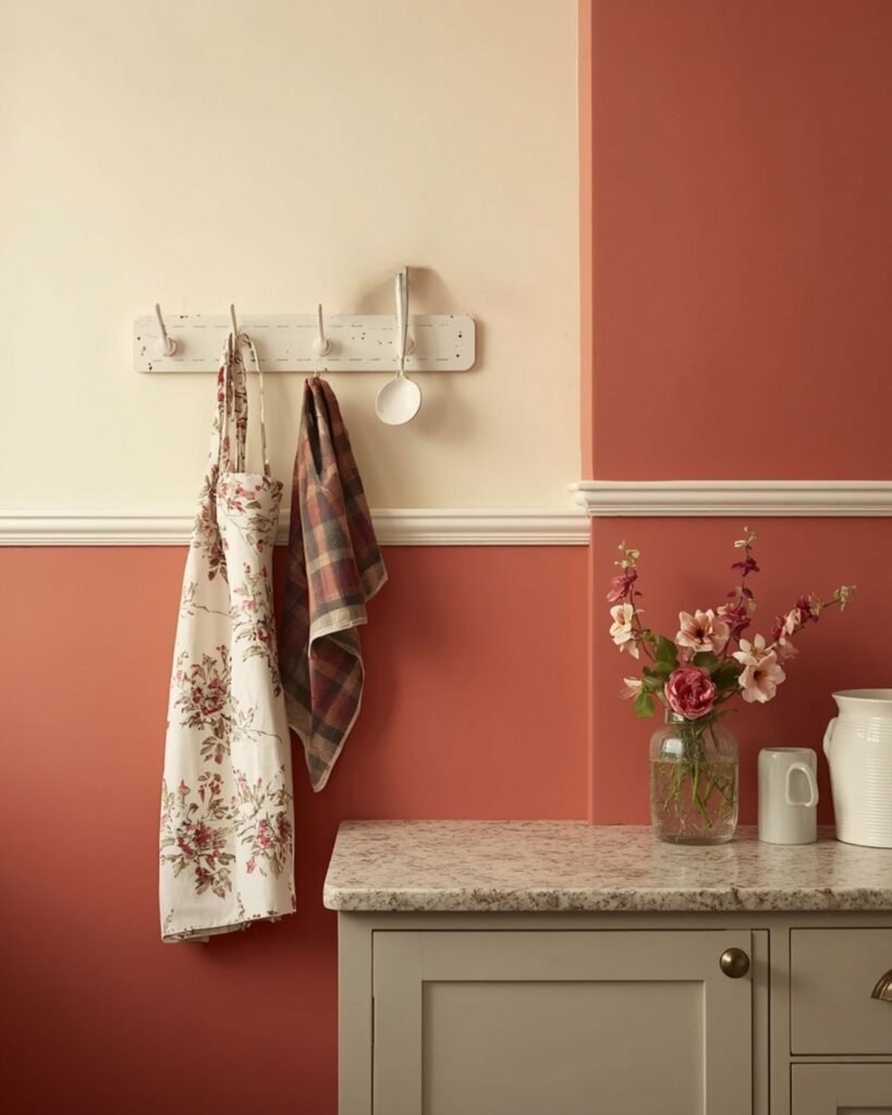 Peg rail with apron towel and large spoon in cottage kitchen wall decor