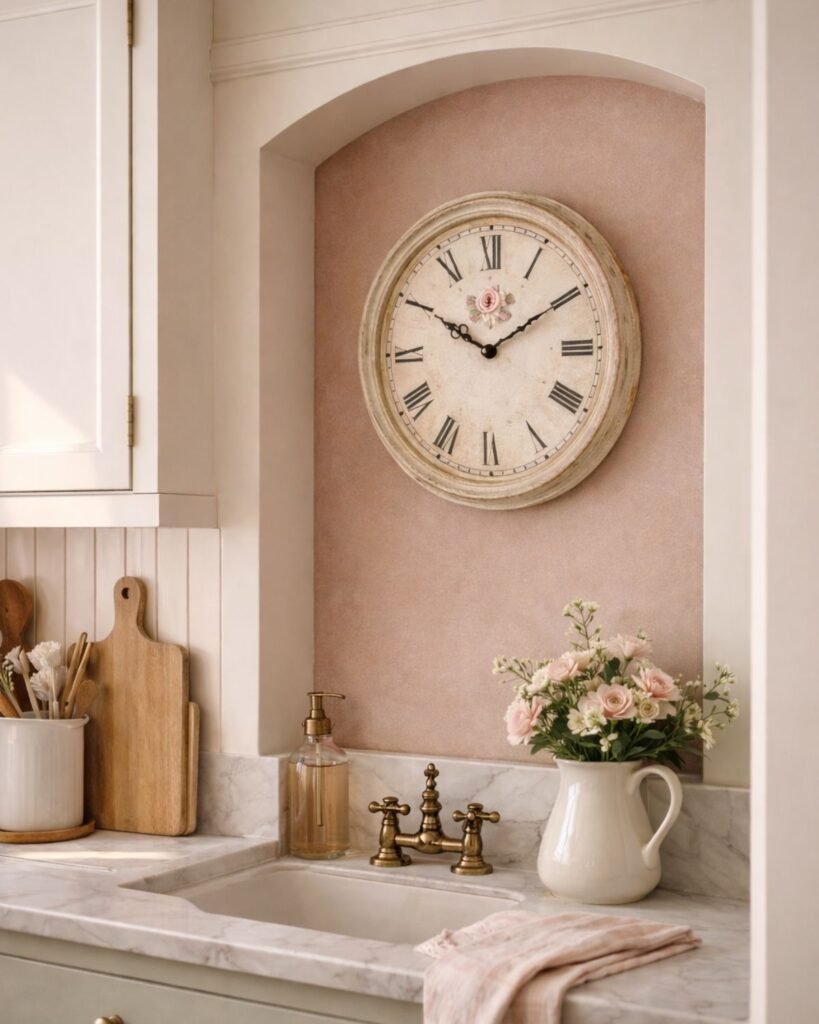 Antique-style wall clock in cozy cottage kitchen wall decor