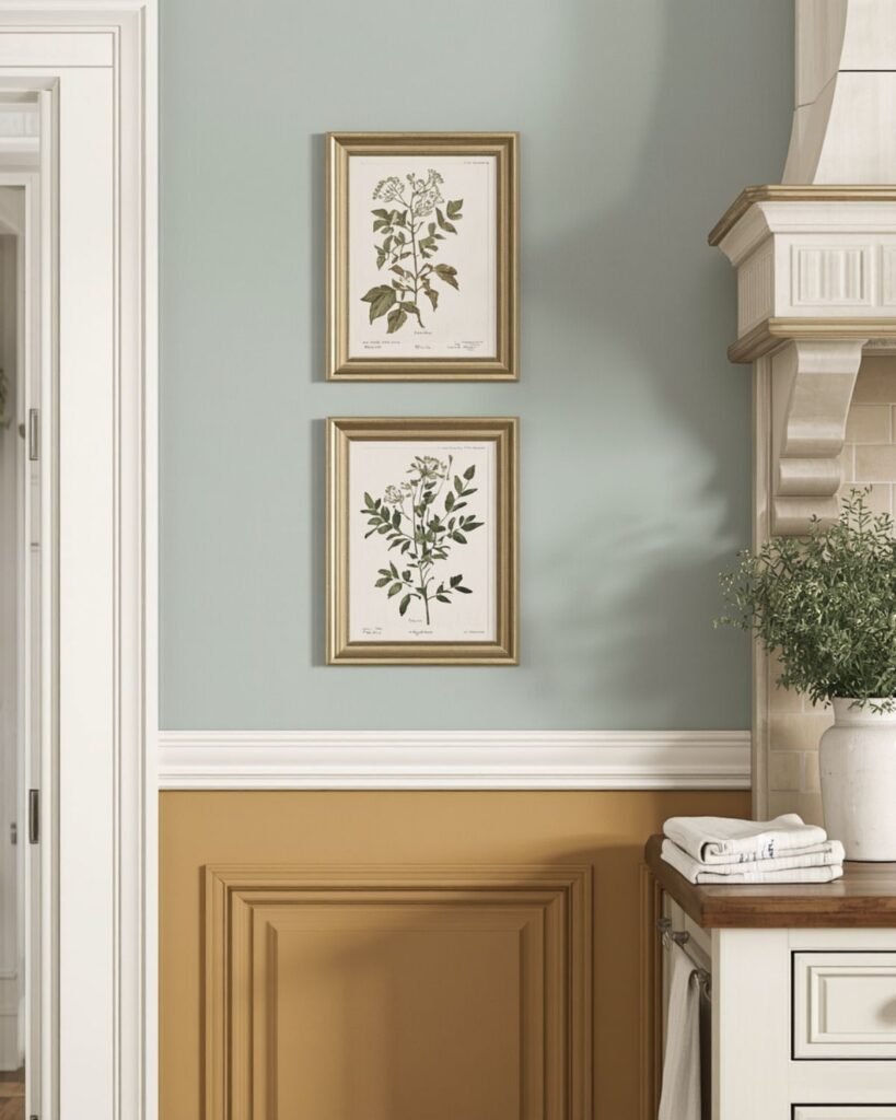 Botanical wall art in cozy cottage kitchen wall decor