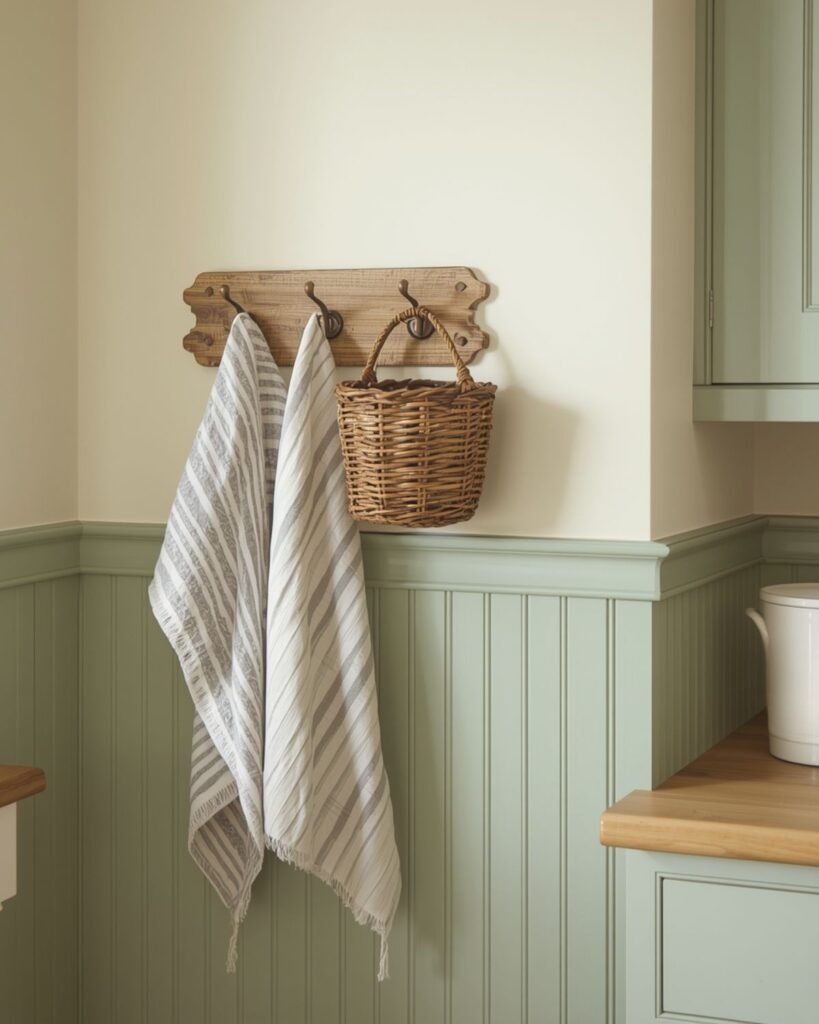 Hooks with towels and baskets in cottage kitchen wall decor