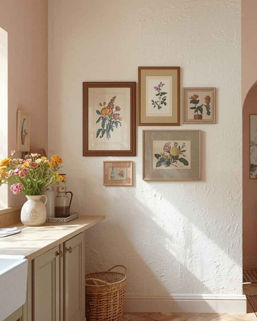 Gallery wall on a textured stucco cottage kitchen wall
