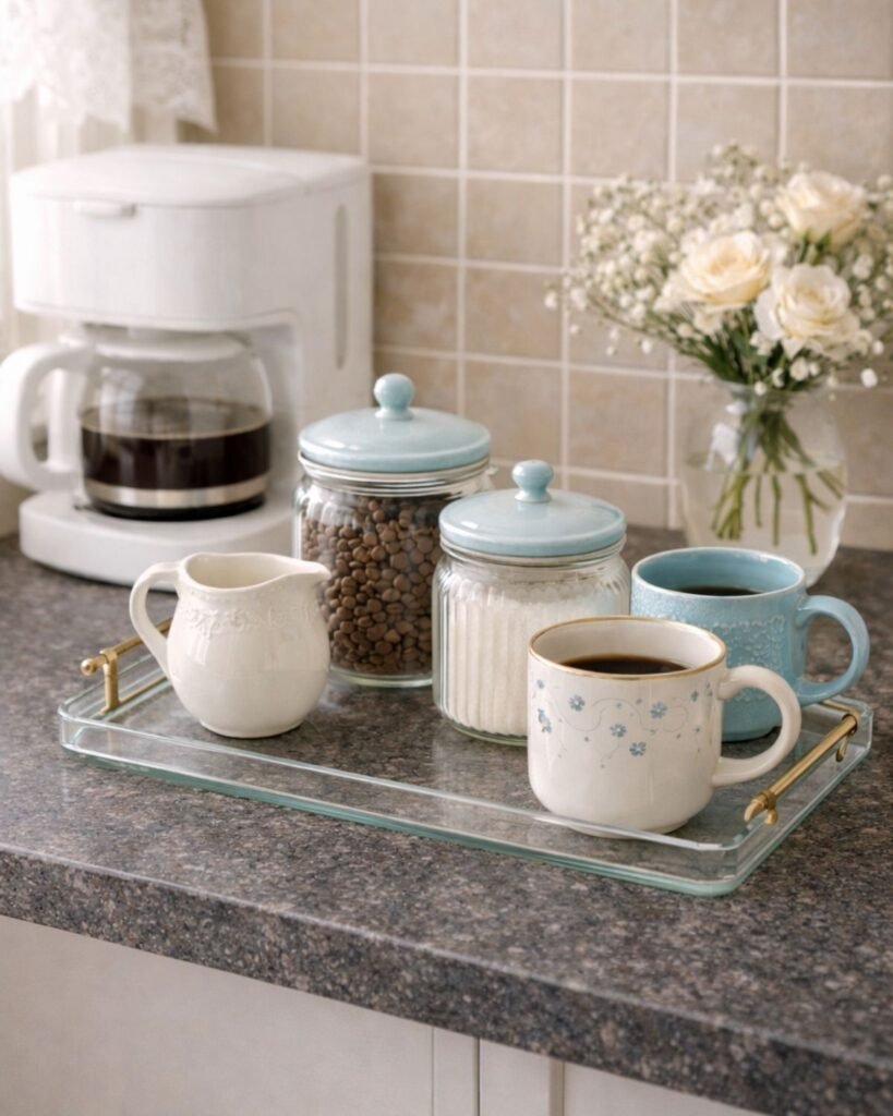 Cozy coffee bar ideas with a glass tray, jars, mugs, and a moody vintage-style color palette