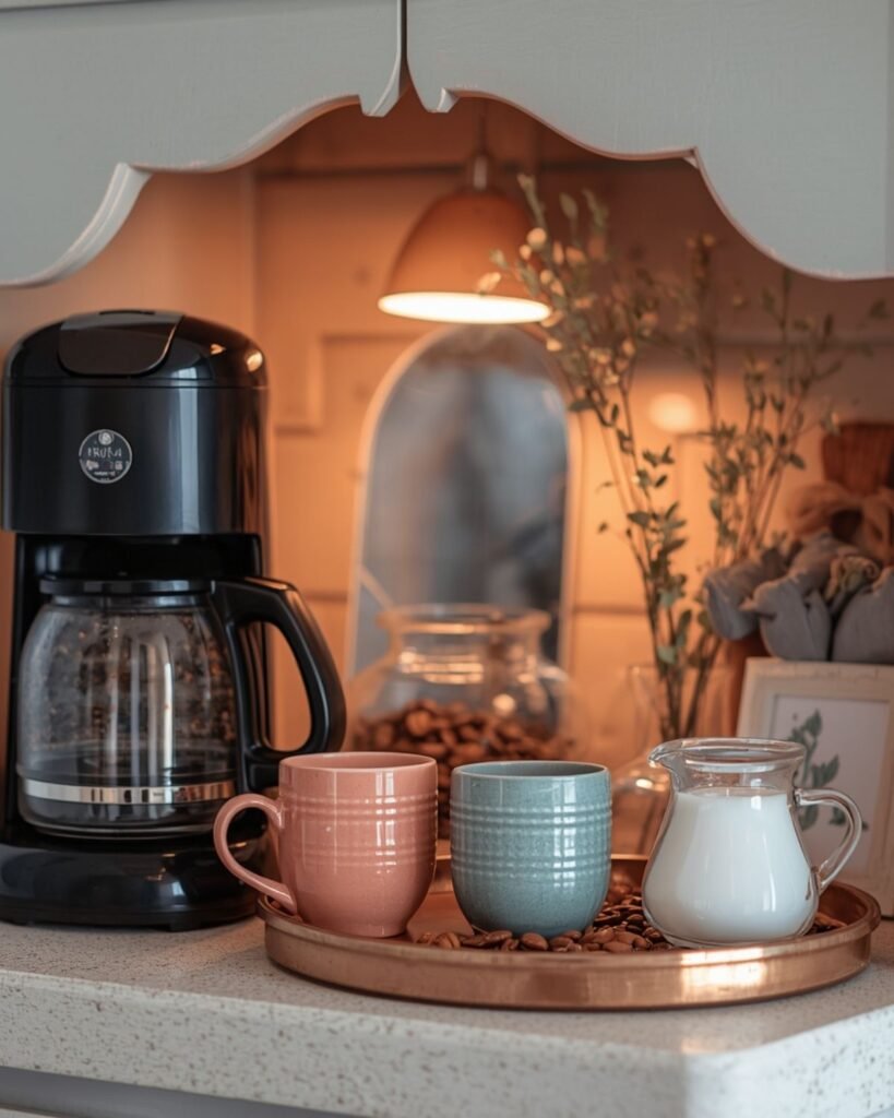Cozy small-space coffee bar with warm light, vintage charm, and a calm finished look