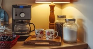 Cozy vintage-inspired coffee bar in a small kitchen corner with mugs, warm wood tones, glass jars, and charming decor