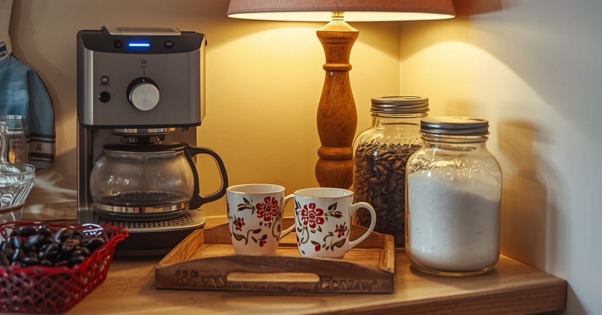 Cozy vintage-inspired coffee bar in a small kitchen corner with mugs, warm wood tones, glass jars, and charming decor