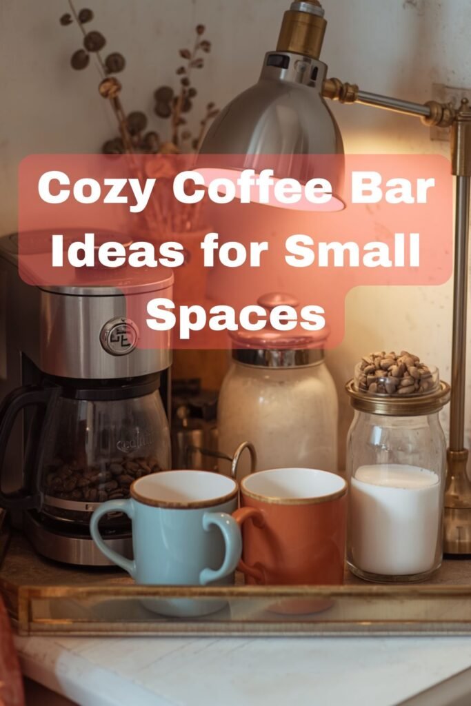 Pinterest pin for cozy coffee bar ideas for small spaces with a warm vintage-inspired coffee nook