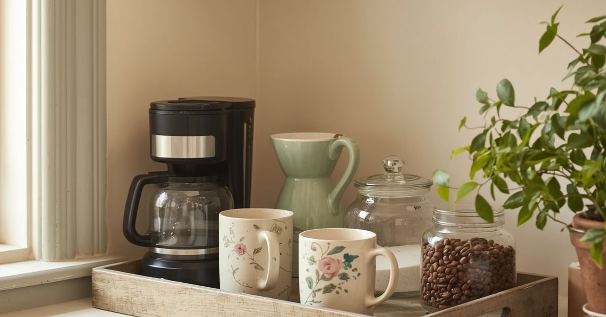 Cozy coffee bar ideas in a sage green vintage-style kitchen corner with mismatched mugs and jars