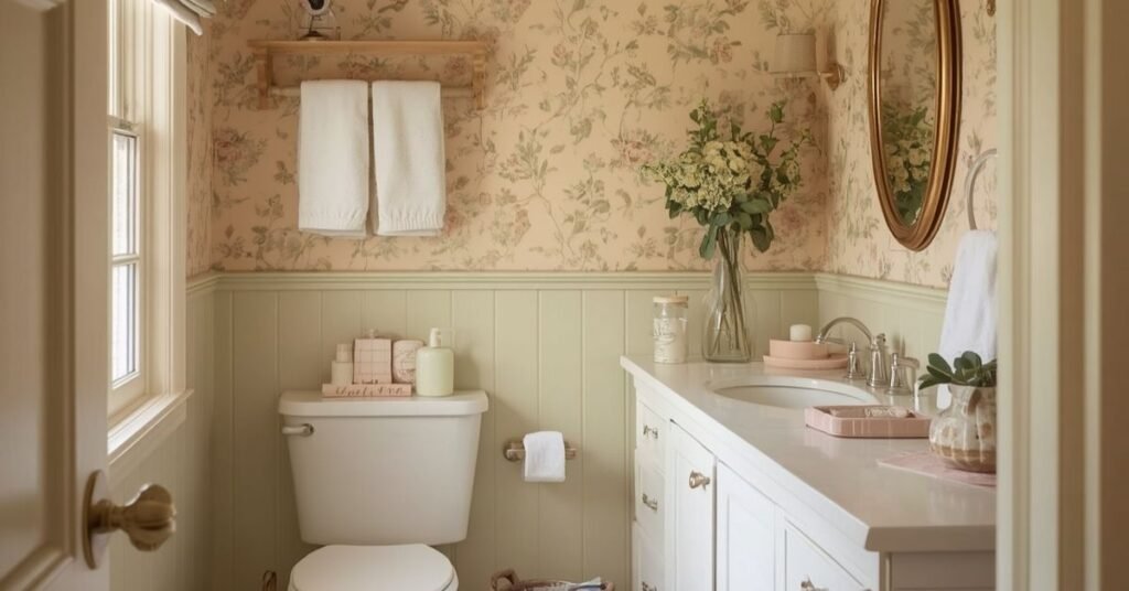 Cozy cottage bathroom with vintage mirror, floral accents, and warm inviting decor